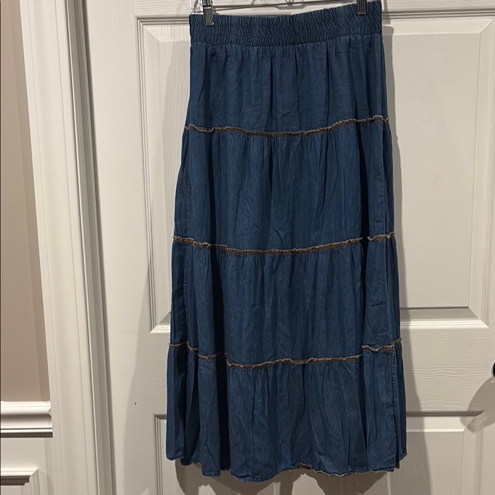 Elastic-Waist Jean Tiered Maxi Skirt